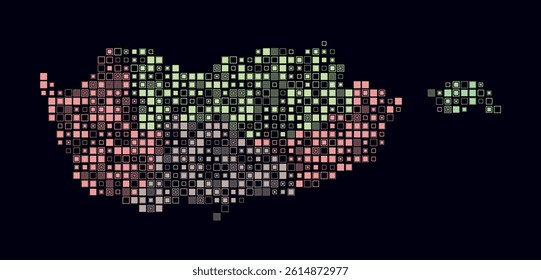 Cyprus, shape of the country build of colored cells. Digital style map of the Cyprus on dark background. Small size square blocks. Creative vector illustration.