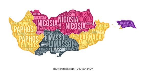 Cyprus shape. Country word cloud with region division. Cyprus colored illustration. Region names cloud. Vector illustration.