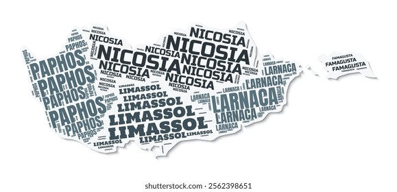 Cyprus shape text cloud. Country border with shadow on white background. Cyprus with regions division in vintage gazette style. Elegant vector illustration.