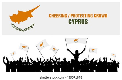 Cyprus silhouettes of cheering or protesting crowd of people with flags and banners of Cyprus.