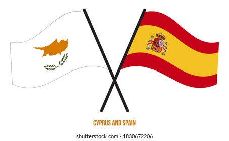 Cyprus and Spain Flags Crossed And Waving Flat Style. Official Proportion. Correct Colors.