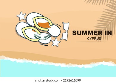 Cyprus Summer Holiday Vector Banner, Beach Vacation Concept, Flip Flops Sunglasses Starfish On Sand, Copy Space Area, Cyprus Summer Travel And Tourism Idea With Flag