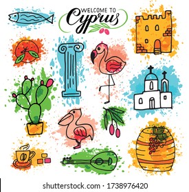 Cyprus travel destination poster with country symbols: flamingo, castle, olive, pelican, wine, cactus. Bright colorful illustration, doodle style, hand lettering, calligraphy. Welcome to Cyprus text. 