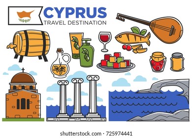 Cyprus travel destination promotional poster with country symbols