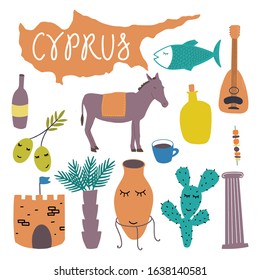 Cyprus typical elements set. Vector hand drawn illustration. Map, donkey, olive oil and other flat drawings for souvenir production. Cute illustrations. Traditional food, music instrument, animal. 