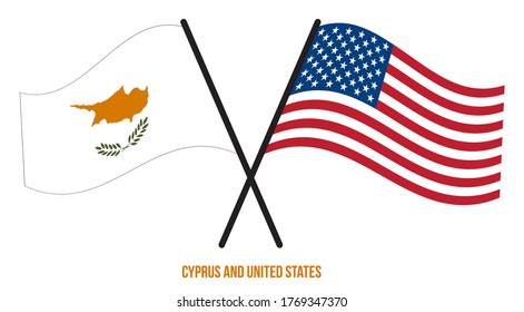 Cyprus and United States Flags Crossed And Waving Flat Style. Official Proportion. Correct Colors.