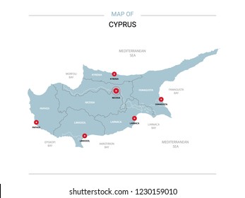 Cyprus vector map. Editable template with regions, cities, red pins and blue surface on white background. 