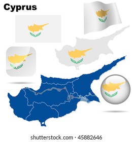 Cyprus vector set. Detailed country shape with region borders, flags and icons isolated on white background.