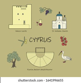 Cyprus vector set. Greek lifestyle elements and illustrations. Visit Cyprus icon set