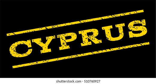 Cyprus watermark stamp. Text tag between parallel lines with grunge design style. Rubber seal stamp with dirty texture. Vector yellow color ink imprint on a blue background.