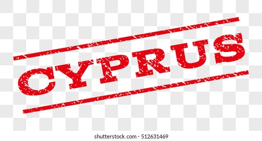 Cyprus watermark stamp. Text tag between parallel lines with grunge design style. Rubber seal stamp with dirty texture. Vector red color ink imprint on a chess transparent background.