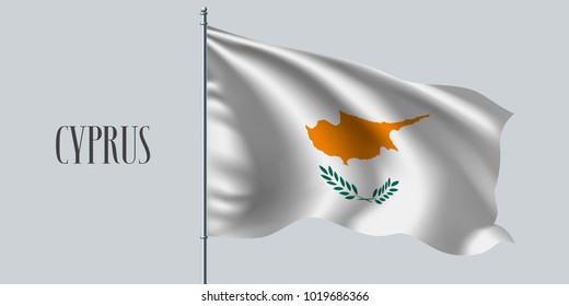 Cyprus waving flag on flagpole vector illustration. Island on white element of Cypriot wavy realistic flag as a symbol of country