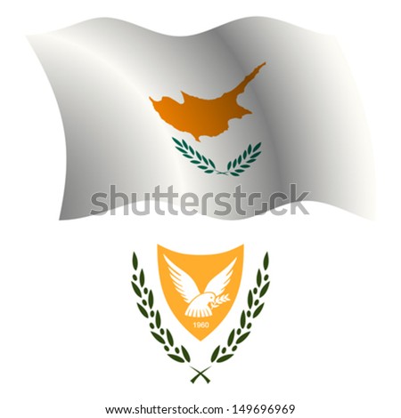 cyprus wavy flag and coat of arms against white background, vector art illustration, image contains transparency