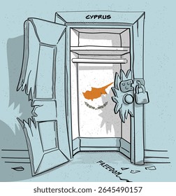O caminho de Chipre para a liberdade. Ilustração política de uma porta quebrada, mas trancada, com a bandeira nacional. Uma metáfora para luta e esperança