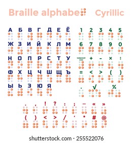 Cyrillic Braille alphabet, punctuation and numbers. Vector illustration