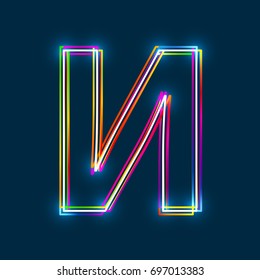 Cyrillic Capital Letter I. Multicolor outline font with glowing effect on blue background. Vector EPS10