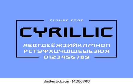 Cyrillic extended sans serif font. Letters and numbers for sci-fi, movie, cyber and space logo design. Print on blue background