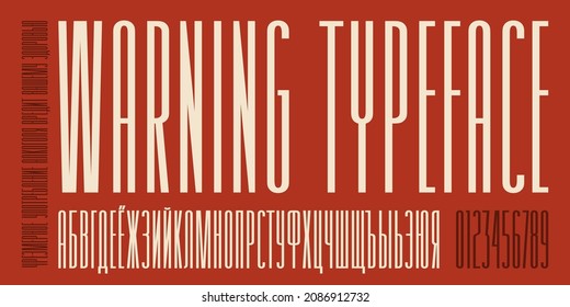 Cyrillic extra condensed sans serif font for warning sign on alcohol label. Text translation: excessive alcohol consumption is harmful to your health. Vector illustration