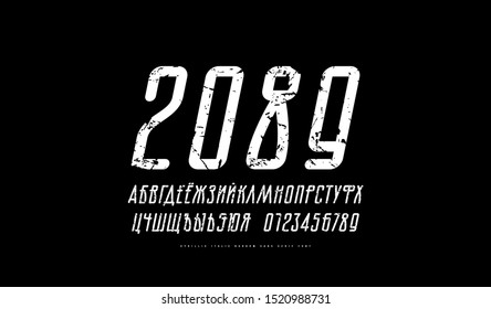 Cyrillic italic sans serif font with rounded corners. Letters and numbers with vintage texture for logo and label design. White print on black background