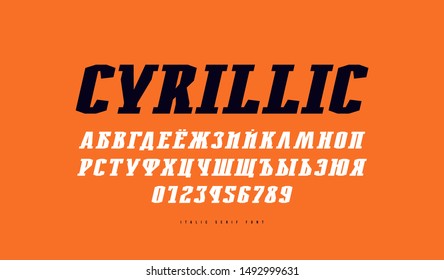 Cyrillic italic slab serif font in military style. Letters and numbers for logo and t-shirt design. Print on orange background