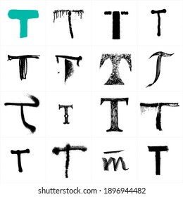 Cyrillic and Latin alphabet Letter T. Uppercase Russian and Ukrainian handwritten fonts. Drawn with paint and chalk vector fonts. Alphabet collection. Handwritten letters. Can be used as logo, posters fonts.