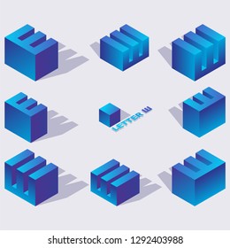 Cyrillic letter sha in isometric 3d views. Blue characters drawn with vivid gradients and shadows. Creative elements for logo or russian lettering