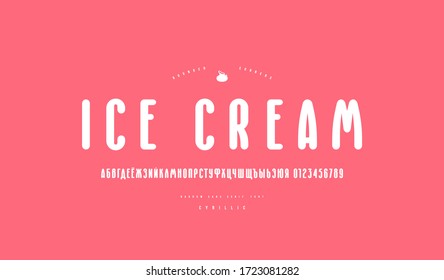 Cyrillic narrow sans serif font with rounded corners. Bold face. Letters and numbers for logo and emblem design. White print on pink background