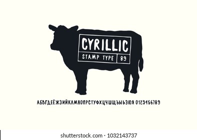 Cyrillic Sans Serif Font In Handwritten Style And Cow Silhouette. Letters And Numbers For Logo And Stamp Design. Black Print On White Background