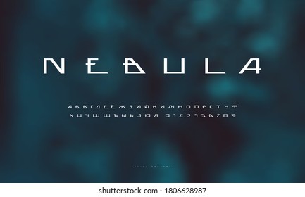 Cyrillic sans serif futuristic space font on blurred background. Letters and numbers for sci-fi, military, cosmic logo and title design