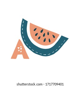 Cyrillic Scandinavian style. Separate letters. Education of children. Watermelon. Vector hand drawn alphabet isolated on a white background. Modern brush lettering. Lettering patterns.