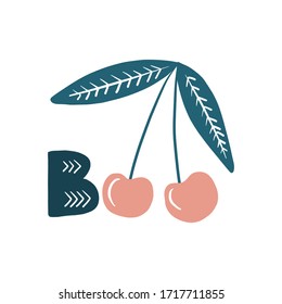 Cyrillic Scandinavian style. Separate letters. Education for children. Cherry. Vector hand drawn alphabet isolated on a white background. Modern brush lettering. Lettering patterns.