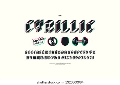 Cyrillic serif bulk font with glitch distortion effect. Letters and numbers for logo and title design. Color print on white background