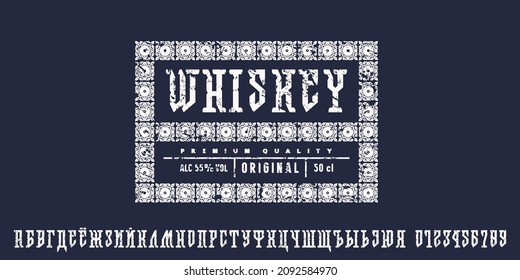 Cyrillic serif font in viking style. Template label for whiskey. Letters and numbers for logo and emblem design. Vector illustration with vintage texture