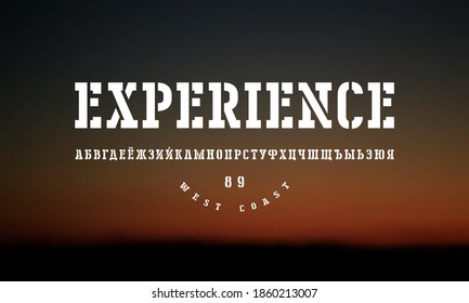 Cyrillic stencil-plate serif font in military style. Letters for logo and label design. White print on blurred background