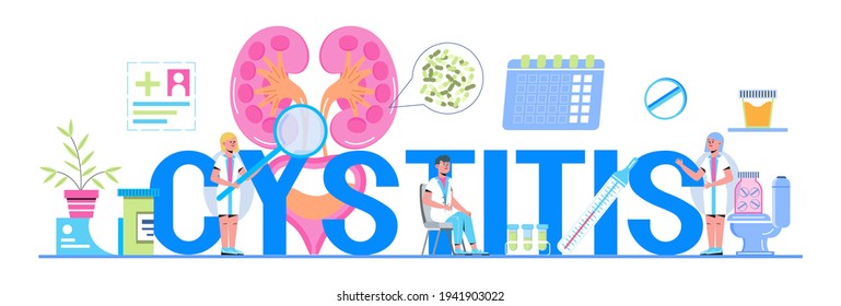 Cystitis concept vector for medical website. Urologist, nephritis illustration. Tiny doctor treat kidneys. Pyelonephritis and kidney stones diseases. Urarthritis illness for header web. 