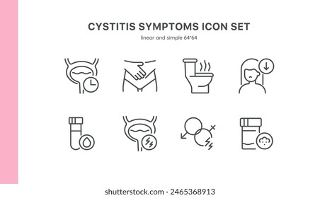 Conjunto de iconos de síntomas de cistitis. Iconos lineales de síntomas de infección de la vejiga, incluyendo dolor, micción frecuente y malestar. Colección de letrero de Vector editable.