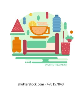 Cystitis treatment concept in flat style. Vector composition of things to cure cystitis. Illustraion for medical company and hospitals.