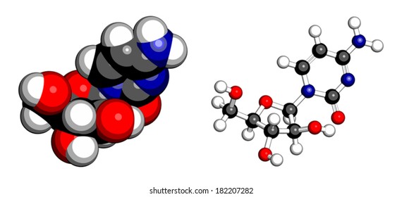 Cytarabine (cytosine Arabinoside, Ara-C) Chemotherapy Drug Molecule. Used In Treatment Of Acute Myeloid Leukemia (AML), Acute Lymphocytic Leukemia (ALL) And Lymphoma. Atoms Are Represented As Spheres.