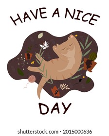 Cyte lazy cat illustration. Have a nice day prescription. Vector cat on leaves and plants background. 
