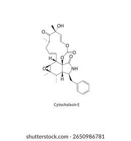 Estrutura esquelética da citocalasina E. Ilustração esquemática do composto de micotoxina. Diagrama simples, fórmula química.