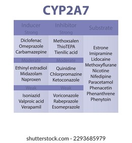 Cytochrom CYP2A7 Tabelle mit starken, mäßigen und schwachen Inhibitoren, Induktoren und Substraten mit Beispielen.