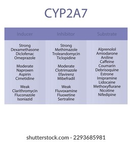 Cytochrom CYP2A7 Tabelle mit starken, mäßigen und schwachen Inhibitoren, Induktoren und Substraten mit Beispielen.