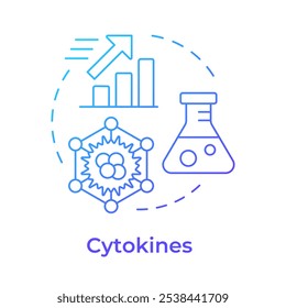 Icono de concepto de gradiente azul de citocinas. Tipo de inmunoterapia. Pequeñas proteínas. Señalización celular. Refuerzo del sistema inmunitario. Ilustración de línea de forma redonda. Abstractas idea. Diseño gráfico. Fácil de usar en el artículo