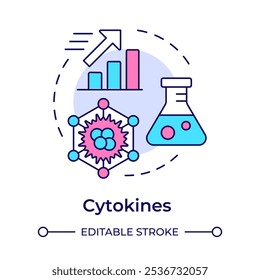 Icono de concepto multicolor de citocinas. Tipo de inmunoterapia. Pequeñas proteínas. Señalización celular. Refuerzo del sistema inmunitario. Ilustración de línea de forma redonda. Abstractas idea. Diseño gráfico. Fácil de usar en el artículo
