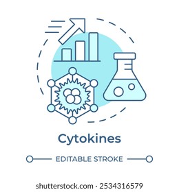 Icono de concepto azul suave de citocinas. Tipo de inmunoterapia. Pequeñas proteínas. Señalización celular. Refuerzo del sistema inmunitario. Ilustración de línea de forma redonda. Abstractas idea. Diseño gráfico. Fácil de usar en el artículo