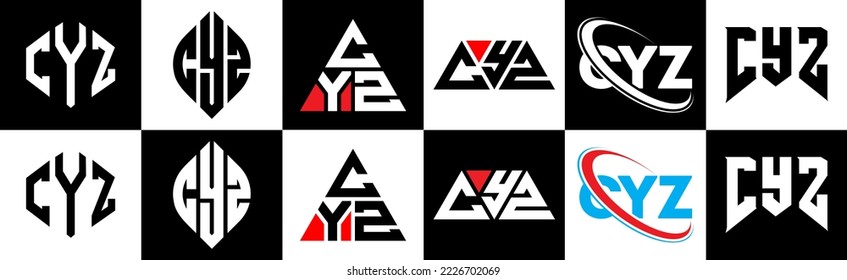 CYZ letter logo design in six style. CYZ polygon, circle, triangle, hexagon, flat and simple style with black and white color variation letter logo set in one artboard. CYZ minimalist and classic logo
