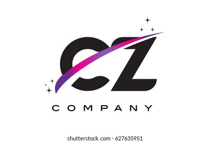 CZ C Z Black Letter Logo Design with Purple Magenta Swoosh and Stars.