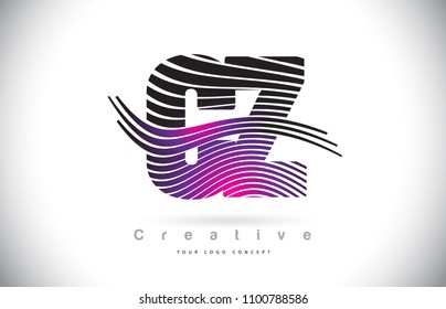 CZ C Z Zebra Texture Letter Logo Design With Creative Lines and Swosh in Purple Magenta Color Vector.