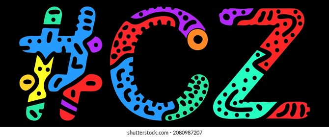 CZ Hashtag. Multicolored bright isolate curves doodle letters. Hashtag #CZ is abbreviation for the Czech Republic for social network, web resources, mobile apps.