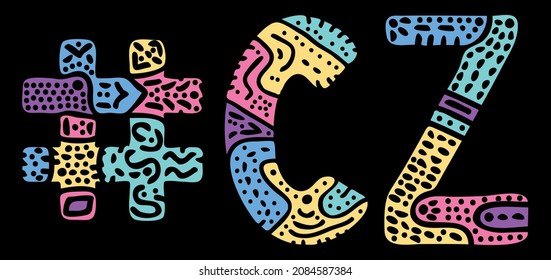 CZ Hashtag. Multicolored bright isolate curves doodle letters. Hashtag #CZ is abbreviation for the Czech Republic for social network, web resources, mobile apps.